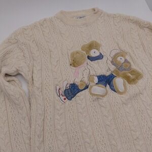 VTG Together Sweater Womens XL Cream‎ Embroidered Teddy Bear Wool Cable Knit 90s
